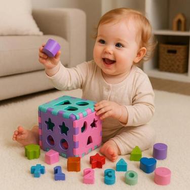 Imagem de Cubo Rosa Didático Brinquedo para Bebê Educativo Menina 1 ano - Mercot