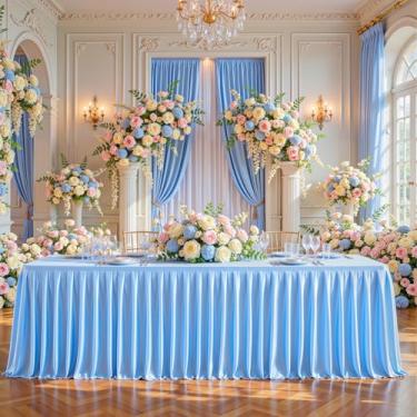 Imagem de Wish Care Roupas de mesa de cetim azul para mesas retangulares de 2,3 m, toalhas de mesa retangulares com glitter resistentes a vincos, capas de mesa de festa para banquete de casamento, chá de bebê