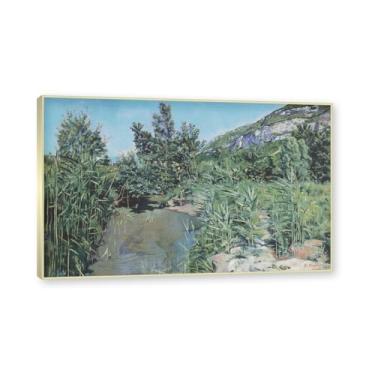 Imagem de Moldura de champanhe. Famosas pinturas a óleo (paisagem 34) por Ferdinand Hodler, reprodução impressa em tela, arte de cenário para decoração de sala de estar. 80 x 130 cm - 31,5 x 51,2 pol