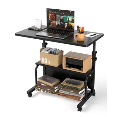 Imagem de QZMDSM Mesa portátil com rodinhas ajustável para laptop pequena mesa de escritório em casa para pequenos espaços, mesa de estudo de estudante preta com elevação de 80 cm, mesa de trabalho com rodas