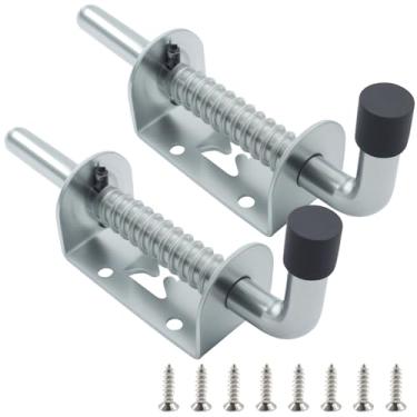 Imagem de Zorfeter Pacote com 2 pinos de trava de portão acionado por mola, parafuso de barril resistente, parafuso de barril de aço inoxidável, trava de trava de porta para gabinete/galpão/reboque (prata)