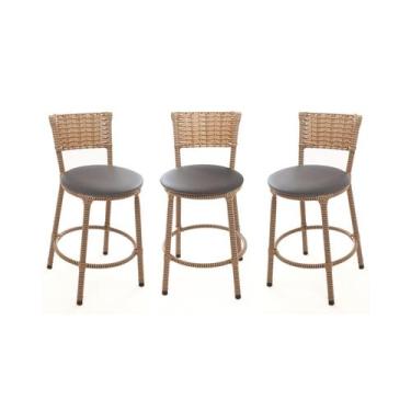 Imagem de KIT 3 Banqueta Baixa Encapada Junco CAPPUCCINO Bar Cozinha - ESPAÇO JU
