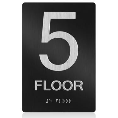 Imagem de Otoolling Placa de 5º andar com fita dupla face placa numérica de alumínio para porta 15 cm x 23 cm preto prata para casa apartamento escritórios porta de elevador