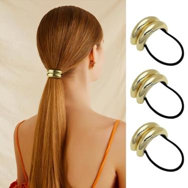 Imagem de Conjunto de 3 peças de prendedores de rabo de cavalo dourados, elásticos de cabelo elegantes para mulheres, perfeitos para penteados diários