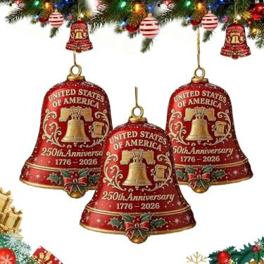 Imagem de Enfeite de sino de aniversário de 250 anos dos Estados Unidos, ornamento de sino de Natal feito à mão com data para árvore de Natal ou jardim para colecionadores e patrióticos (Sino - 3 peças)
