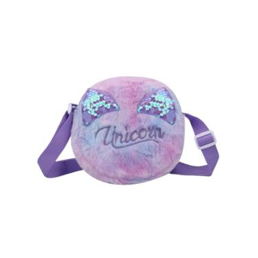 Imagem de Bolsa tiracolo redonda de pelúcia felpuda com lantejoulas brilhantes para meninas, bolsa de mão fofa de unicórnio, mini bolsa de ombro, Roxa, tamanho �nico