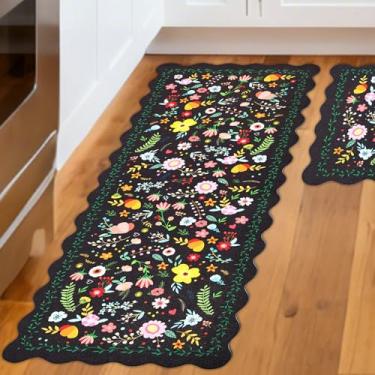 Imagem de CQKEDMA Conjunto de 2 tapetes de cozinha recortados, antiderrapante, lavável, tapetes de cozinha acolchoados antifadiga para o chão, tapete floral boho impermeável para lavatório, lavanderia, banheiro