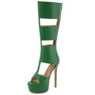 Imagem de Perisis Sandálias gladiadoras plataforma até o joelho para mulheres sexy aberto peep toe salto alto stiletto moda verão vestido festa dança botas com zíper, Poliuretano verde, 39