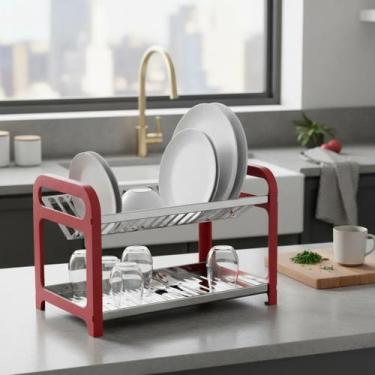 Imagem de Escorredor de Louça 16 Pratos Vermelho em aço Inox com Porta Talher Or