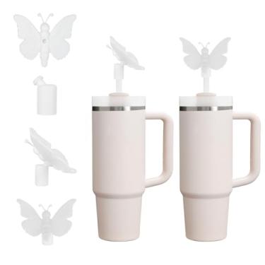 Imagem de Capa de palha de silicone borboleta 3D branca fofa para copo Stanley 30 e 1,134 g com alça, tampas de canudo reutilizáveis à prova de poeira de 10 mm