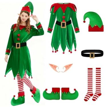 Imagem de DERJLY Fantasia feminina de elfo de Natal: kit de 6 unidades de vestido de veludo com orelhas de chapéu e meias de cinto