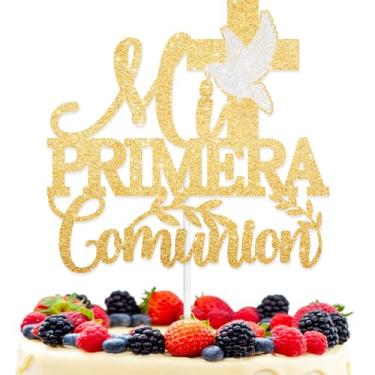 Imagem de Topo de bolo Mi Primera Comunion, Espanhol My Baptism Gold Decor Picks For First Holy Communion Theme For Baby Shower Batizado Decorações Suprimentos