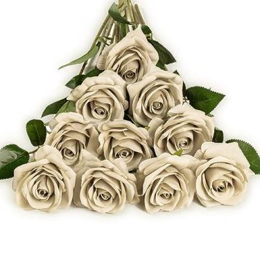 Imagem de DuHouse 10 peças rosas de seda flores artificiais rosa falsa para arranjos de festa de casamento decoração de casa (areia)