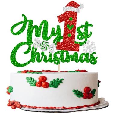 Imagem de Gyufise Pacote com 1 enfeite de bolo My First Christmas com chapéu de Natal com glitter, número 1, escolhas de cupcake de primeiro aniversário para festas de Natal e Ano Novo