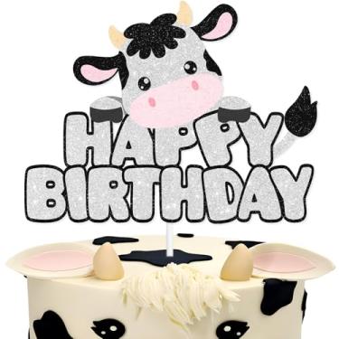 Imagem de Lindo enfeite de bolo de vaca feliz aniversário animais de fazenda tema chá de bebê para meninos e meninas suprimentos de decoração de festa de aniversário