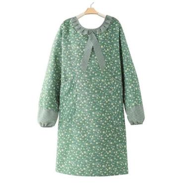 Imagem de Avental de manga comprida para mulheres com estampa floral e listras -