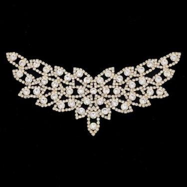 Imagem de letsinstyle Aplique de strass dourado, apliques de cristal com contas, aplique de renda floral de costura brilhante, apliques de gola V de diamante para roupas de vestido de noiva, artesanato DIY
