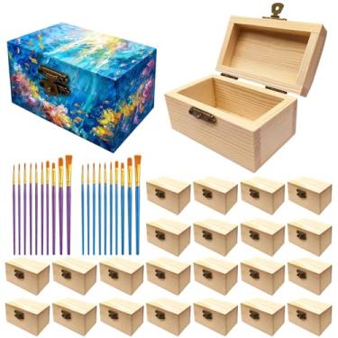 Imagem de Caixa de madeira inacabada de 30 peças para artesanato com 20 pincéis, caixa de madeira com tampa articulada para projetos de artesanato faça você mesmo, caixa de pinho simples de 9 x 5 x 5 cm