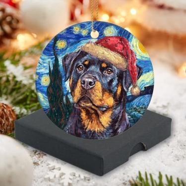 Imagem de Enfeite de Natal 2025 redondo decoração de Natal enfeites de árvore de Natal 7,6 cm - estilo noite estrelada um rottweiler usando chapéu de Natal