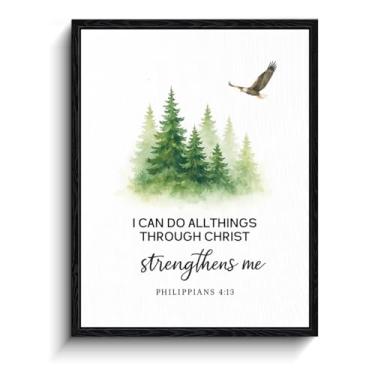 Imagem de Floresta de pinheiros em aquarela com águia, "I can do all things through Christ who strengthens me" Philippians 4:13 decoração de parede cristã, arte de parede com moldura fosca para berçário