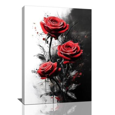 Imagem de Crekviy Arte de parede rosa vermelha preto e branco flores florais decoração de parede impressão em tela pintura arte decoração romântica para banheiro quarto sala de estar presentes emoldurados 40.6