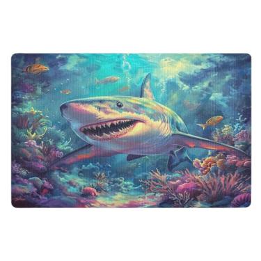 Imagem de STAYTOP Tapete de porta Fierce Shark para entrada externa 81 x 50 cm, tapete de boas-vindas ao ar livre/interno, tapetes de banho fofos, capacho frontal antiderrapante para entrada, pátio, áreas de