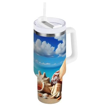 Imagem de Kigai Copo térmico de 1,134 g com alça, estrela do mar e conchas de praia com tampa e canudo, garrafa de água esportiva de metal grande, caneca de café de viagem de aço inoxidável