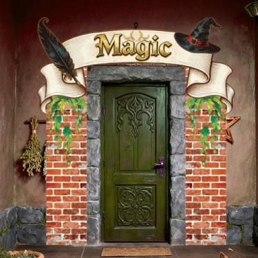 Imagem de WADORN Banner de varanda de porta de escola mágica, 1,8 x 2,5 m, decoração de pano de fundo de festa de feiticeiro, decoração de parede de tijolo vermelho, suprimentos para pendurar em casa