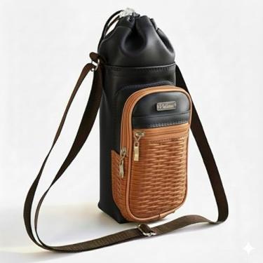 Imagem de Bolsa Térmica (PRETO COM CARAMELO TRANÇADO) GALANTE para Garrafa de 750 ML em Couro Sintético - Coleção Cores VERÃO 2026