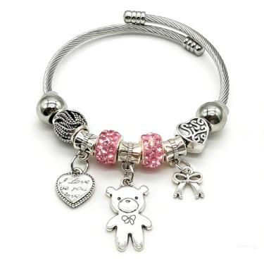 Imagem de Bshpima Pulseira feminina prateada - Pulseira ajustável de aço de titânio com pingente de árvore da vida/coração/urso e contas de cristal, kit de joias com tema de amor, lembrancinhas perfeitas para