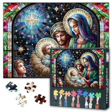 Imagem de Quebra-cabeça de 1000 peças para adultos O primeiro Natal da Natividade do Bebê Jesus em vitral Art Conjunto de quebra-cabeça religioso de férias e decoração sazonal 70,5 x 19,7 polegadas