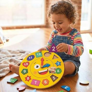 Imagem de Brinquedo Pedagógico Educativo Em Madeira Relógio De Encaixe Infantil