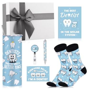 Imagem de Geiserailie Conjunto de 8 peças de presentes de dentista dentário de Natal inclui 473 ml de aço inoxidável suporte de crachá meias, caneta, caderno, chaveiro, cartão de felicitações para assistente