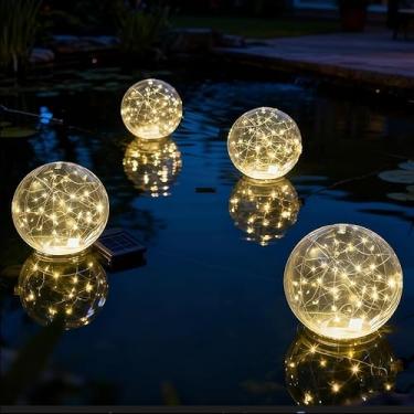 Imagem de SATOCVAY Luzes flutuantes de piscina alimentadas por energia solar - Bolas de piscina flutuantes infláveis à prova d'água de 35,5 cm que flutuam com LEDs brancos quentes de 3000K para festas
