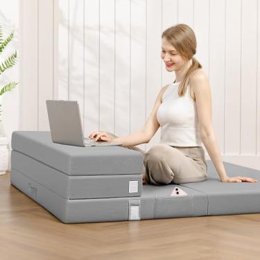 Imagem de AprLeaf Colchão Dobrável Triplo - Colchão De Solteiro Dobrável De 4 Polegadas Com Capa Lavável - Colchão De Espuma Viscoelástica Dobrável Triplo Atualizado Para Cama De Hóspedes, Cama De Acampamento