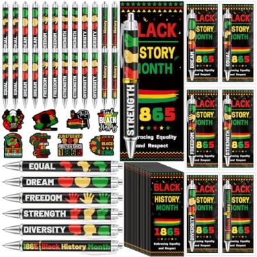 Imagem de QAUYETM Conjunto de 24 lembrancinhas de festa do mês da história negra a granel, inclui 24 canetas retráteis de tinta preta, 30 marcadores de livro de história negra e 50 adesivos para festa de