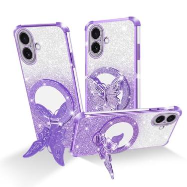 Imagem de Easyscen Capa de celular para iPhone 17 (6,3 polegadas), com suporte de borboleta e 4 cantos de airbag, capa protetora de luxo à prova de choque com glitter para mulheres - roxa