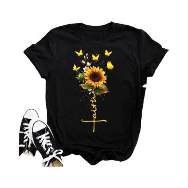 Imagem de Camiseta Feminina Confortável Casual Maycaur Com Estampa De Girassol E