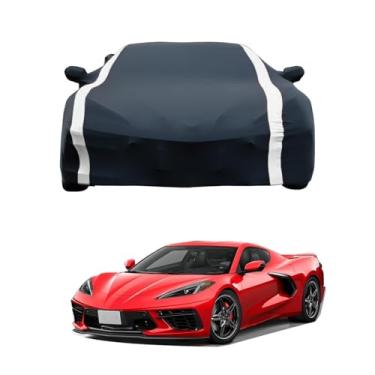 Imagem de Capa de carro adequada para C-orvette C8 Stingray Z51 Z06 E-Ray 2020-2025 Proteção de cetim à prova de poeira capa completa para carro compatível com spoiler traseiro de asa alta C8 acessórios (faixa