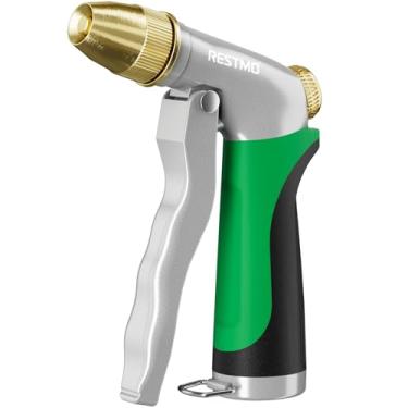 Imagem de RESTMO Bocal de mangueira de água resistente, bocal de mangueira de jardim de alta pressão, bocal pulverizador de mangueira de metal com padrões de pulverização ajustáveis para irrigação de jardim