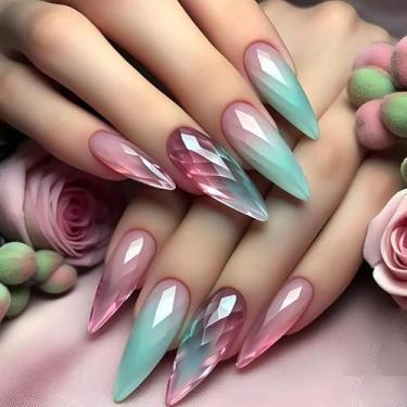 Imagem de Press On Nails Kit de unhas postiças coloridas de amêndoa longa, totalmente cobertas e removíveis, com designs de olho de gato, cola reutilizável em unhas para festas, aniversários, 24 peças