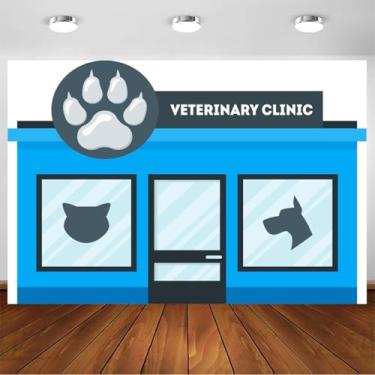 Imagem de ASDCXZ Pano de fundo para clínica de animais de estimação, 1,5 x 0,9 m, fofo, cão, gato, loja veterinária, fotografia, desenho animado, azul, casa, janela, porta, pet shops, banner, decoração de