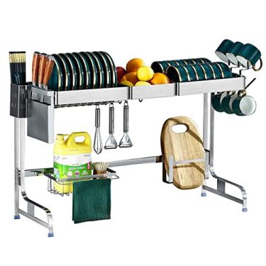 Imagem de Escorredor de louça sobre a pia, prateleira de escorredor de pratos de aço inoxidável 304 de grande capacidade, escorredor de pratos com suporte de utensílios e ganchos