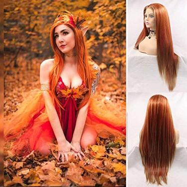 Imagem de Perucas de renda laranja gengibre frontal para mulheres - Peruca longa reta cobre vermelha, linha do cabelo pré-arrancada, sem cola, cabelo de fibra sintética resistente ao calor, festa cosplay, 61 cm