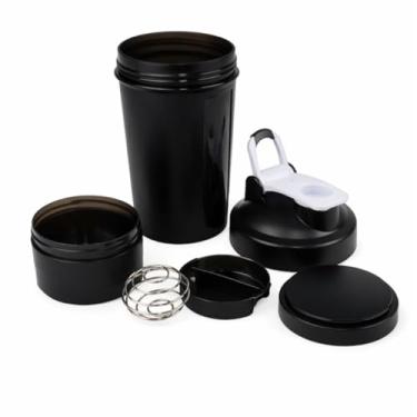 Imagem de Coqueteleira Shakes Academia Compartimento Suplementos Divisórias 450ml Preto Premium Whey