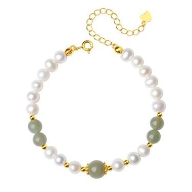 Imagem de Pulseira Freshwater Pearl e Hetian Jade em prata 925 feminina - Yiweis