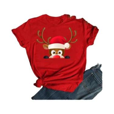 Imagem de Camiseta Feminina De Natal Com Estampa De Rena E Papai Noel, Gola O, E