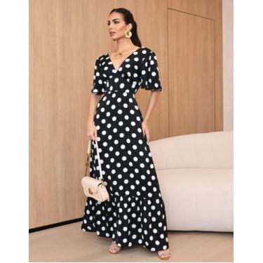 Imagem de Vestido Longo Feminino Soltinho Manga Curta Póa Bolinhas Moda Casual E