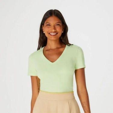 Imagem de Blusa feminina manga curta hering básica decote v com elastano verde, 
