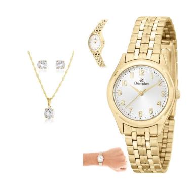 Imagem de Relogio Champion Feminino Pequeno Dourado Com Numeros Ch25972h + Kit Semi Joia